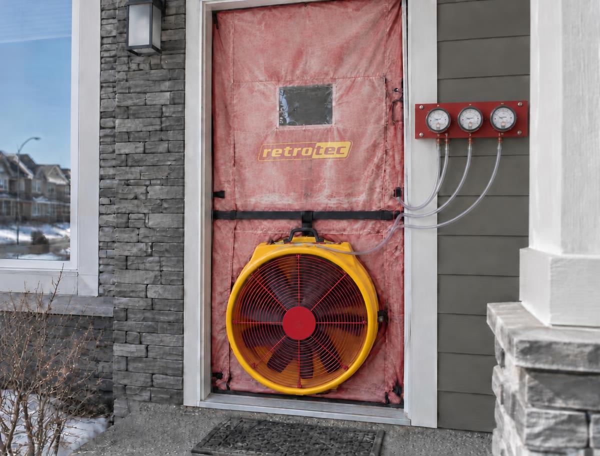 Retrotec blower door with yellow fan and three analog gauges in a front doorway