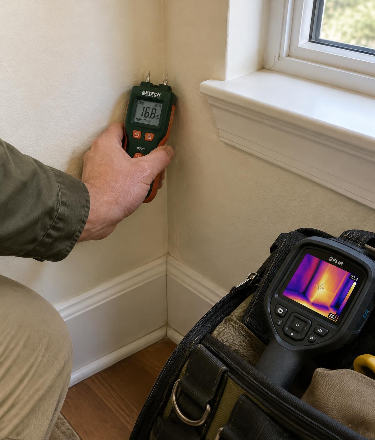 Moisture meter reading on a wall below a window